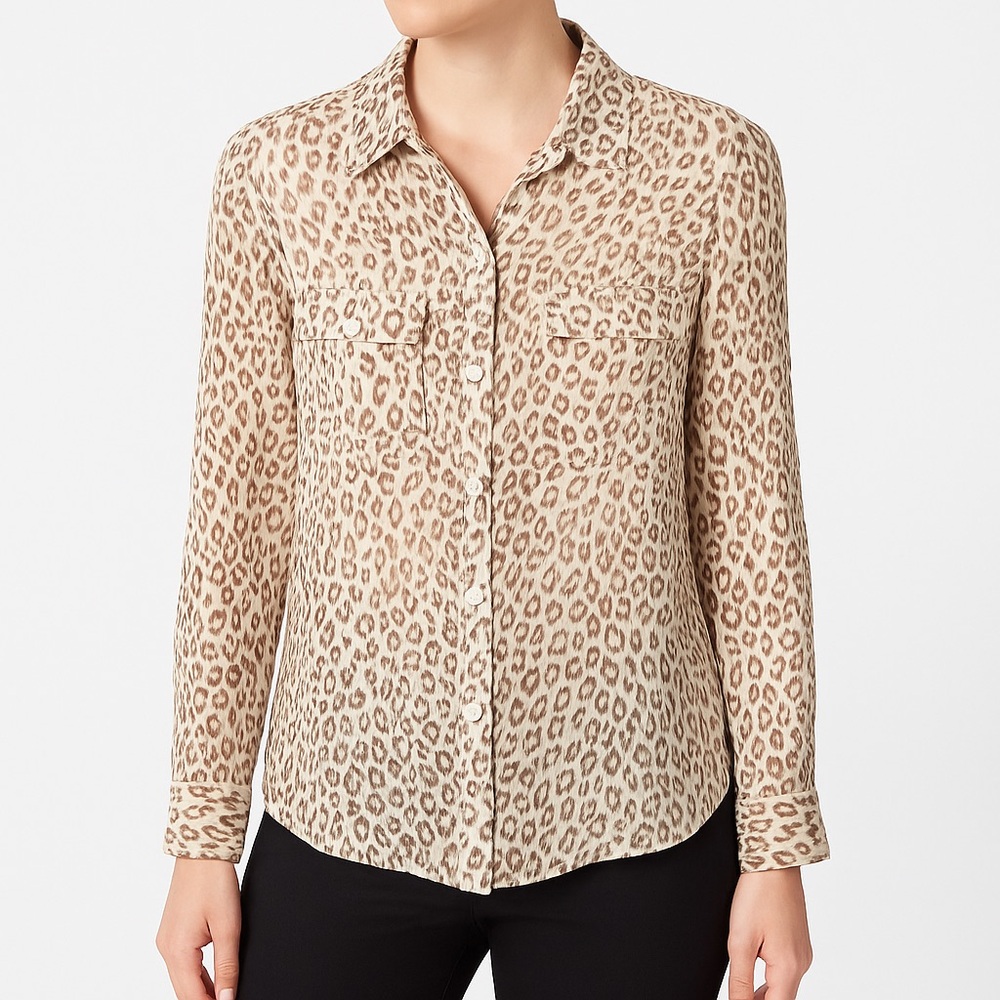 Lucky Brand Leopard Print Button Down Blouse Size L Semi Sheer Long Sleeve